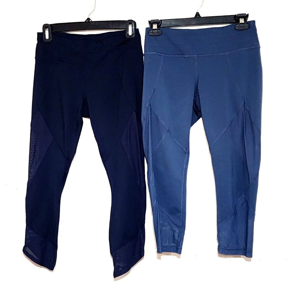 Athleta Cropped Leggings *2 PAIR* Navy and Blue with Burnout Panels